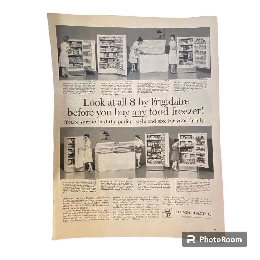Vtg Frigidaire Freezer Print Ad Absorbine Jr May 11 1962 Frame Ready Black White